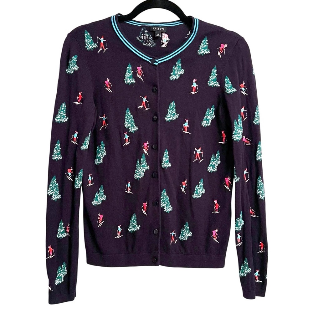 Talbots Cardigan Sweater with Embroidered Winter Holiday Ski and Tree Design XS